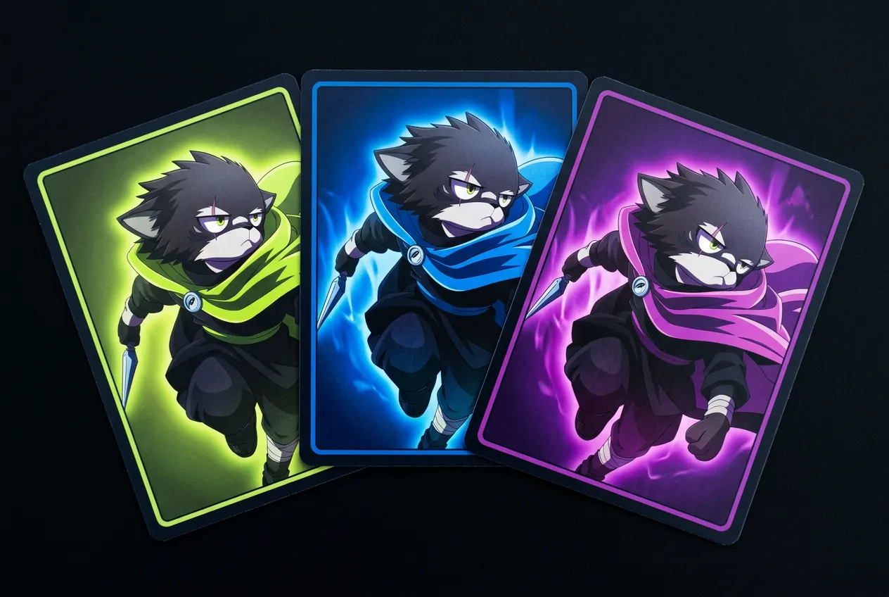 Three KURO NFT cards in lime, blue and purple